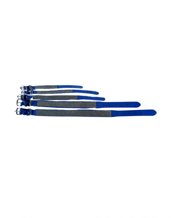 Four blue adjustable straps lined up by size, smallest to largest, with buckle ends facing left.