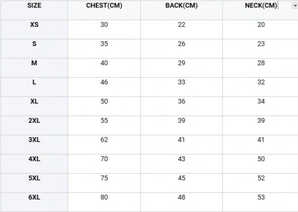 Size chart for shirts showing measurements in centimeters: XS to 6XL with chest, back, and neck dimensions.